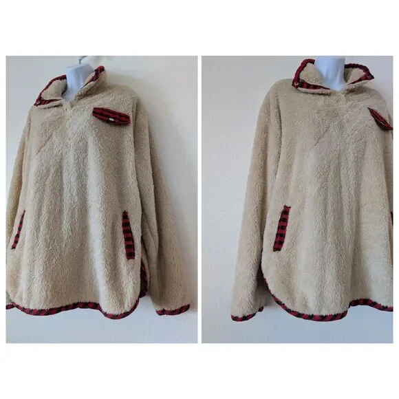 Cozy Sherpa Fleece Pullover Plaid Trim Quarter-Button Collar w/ Pockets - Picture 5 of 10